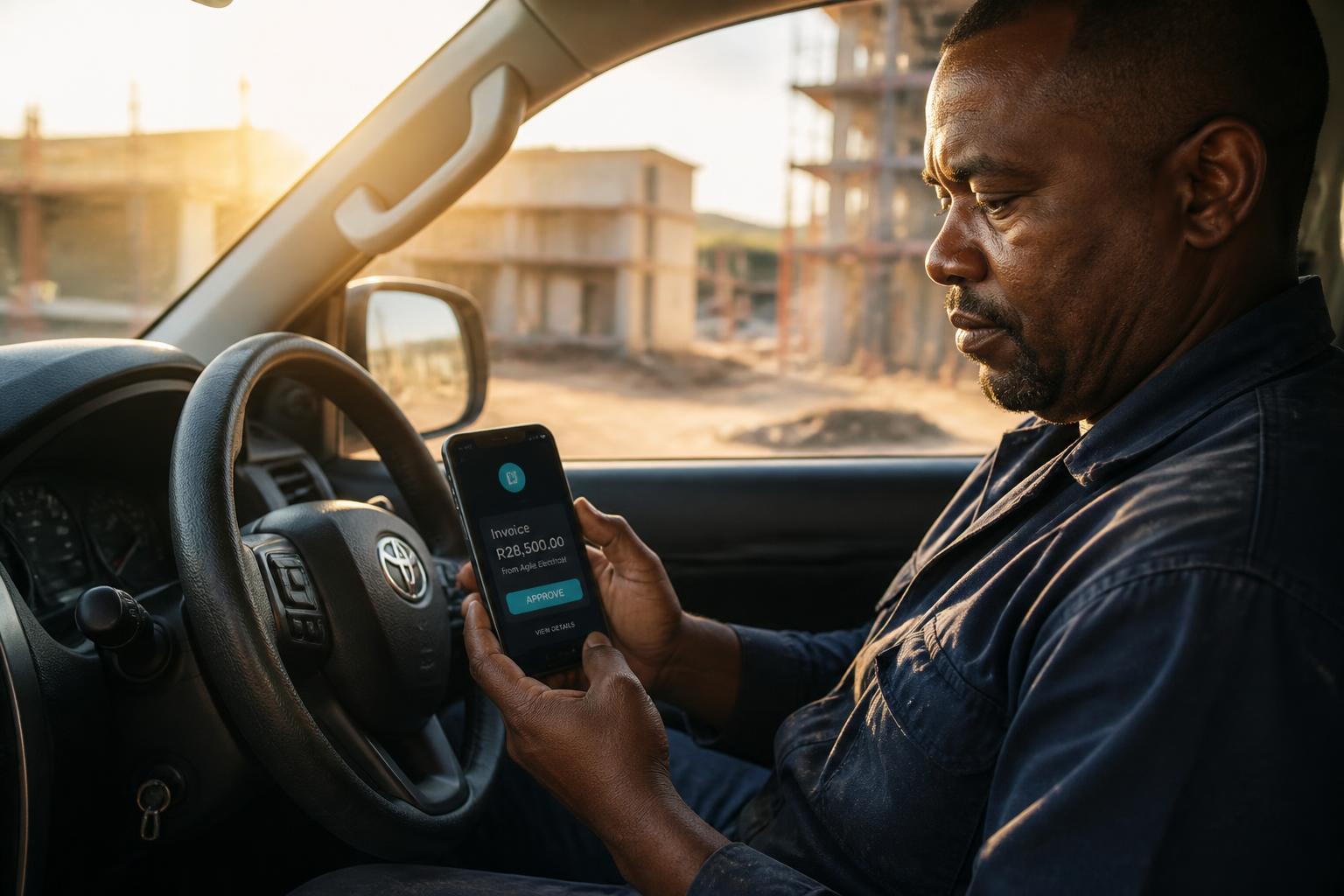 A tradesman in his bakkie approving a Nova invoice card