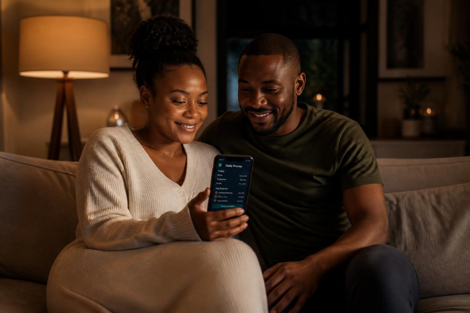 A couple sharing their Nova recap on the couch