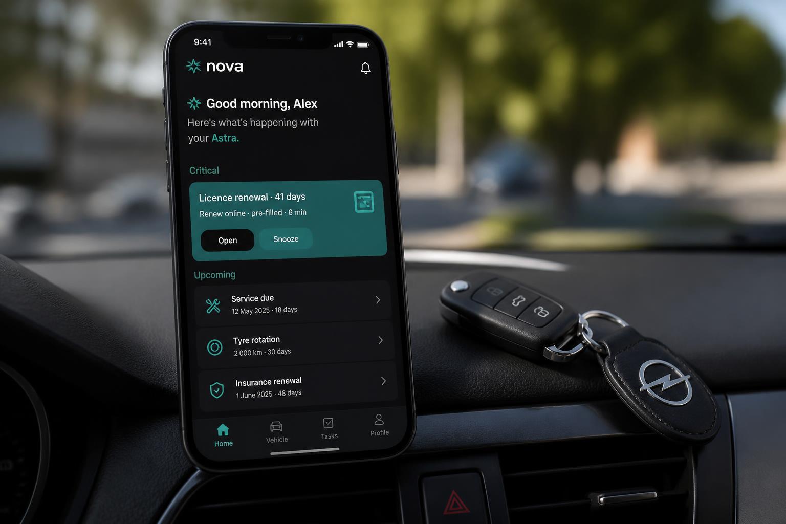 Nova vehicle mockup — A renewal caught 41 days early.