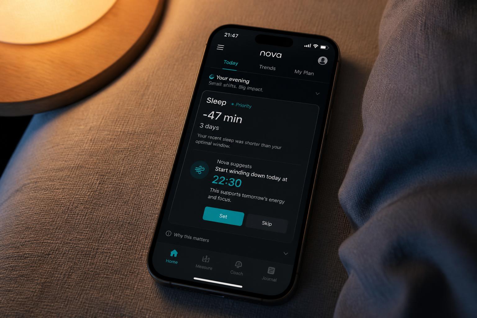 Nova wellbeing mockup — A small shift, before the dip.