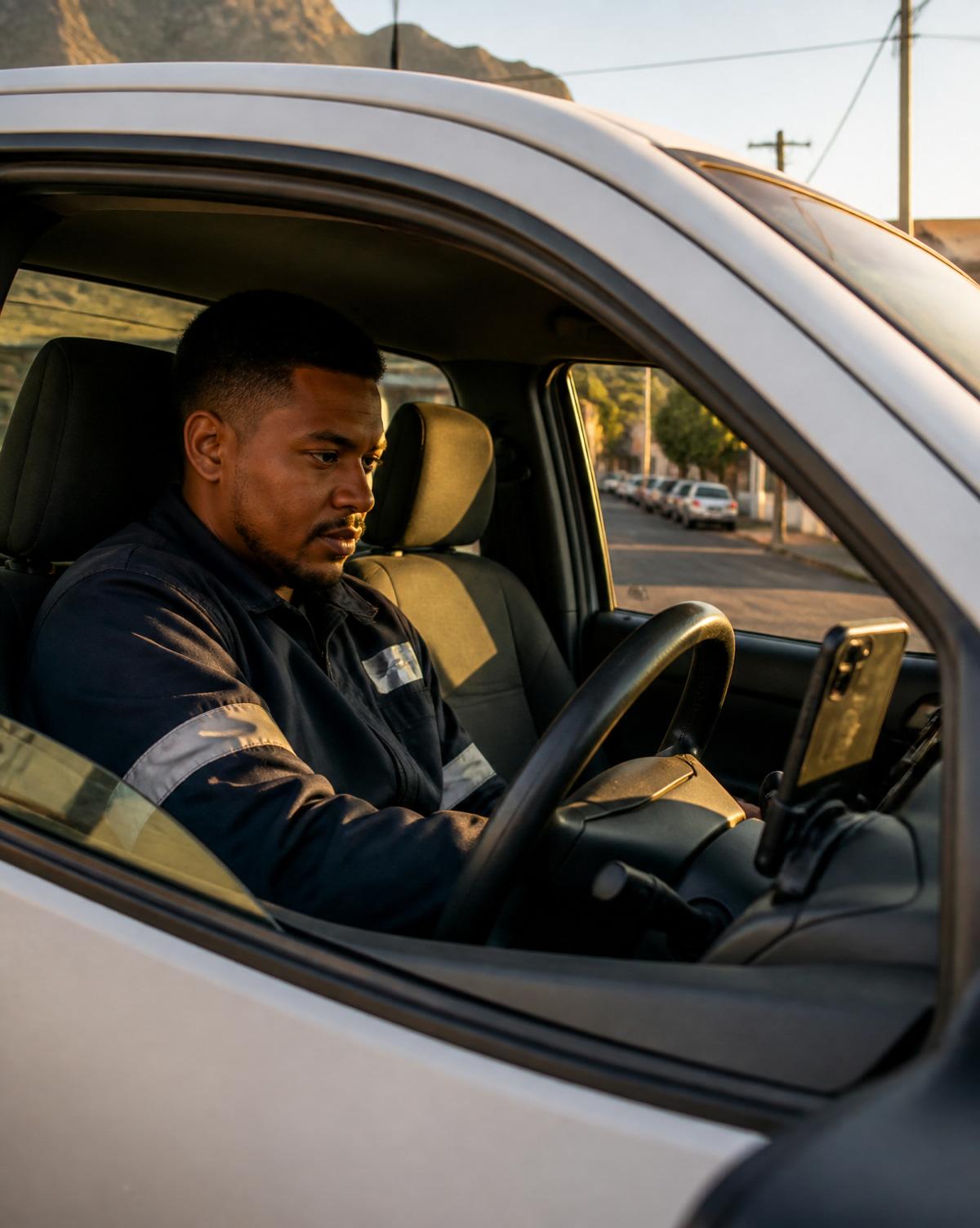 A business owner checking his phone in his bakkie between two job sites