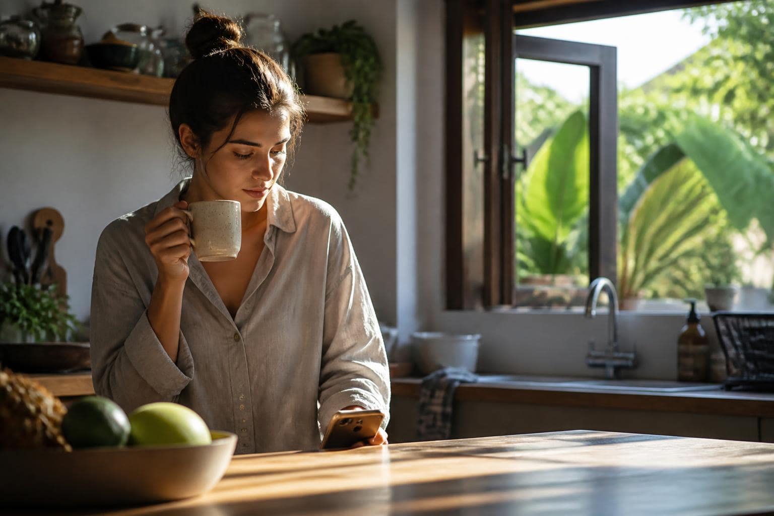 A woman at her desk in the morning light, reading her Nova brief before the day starts