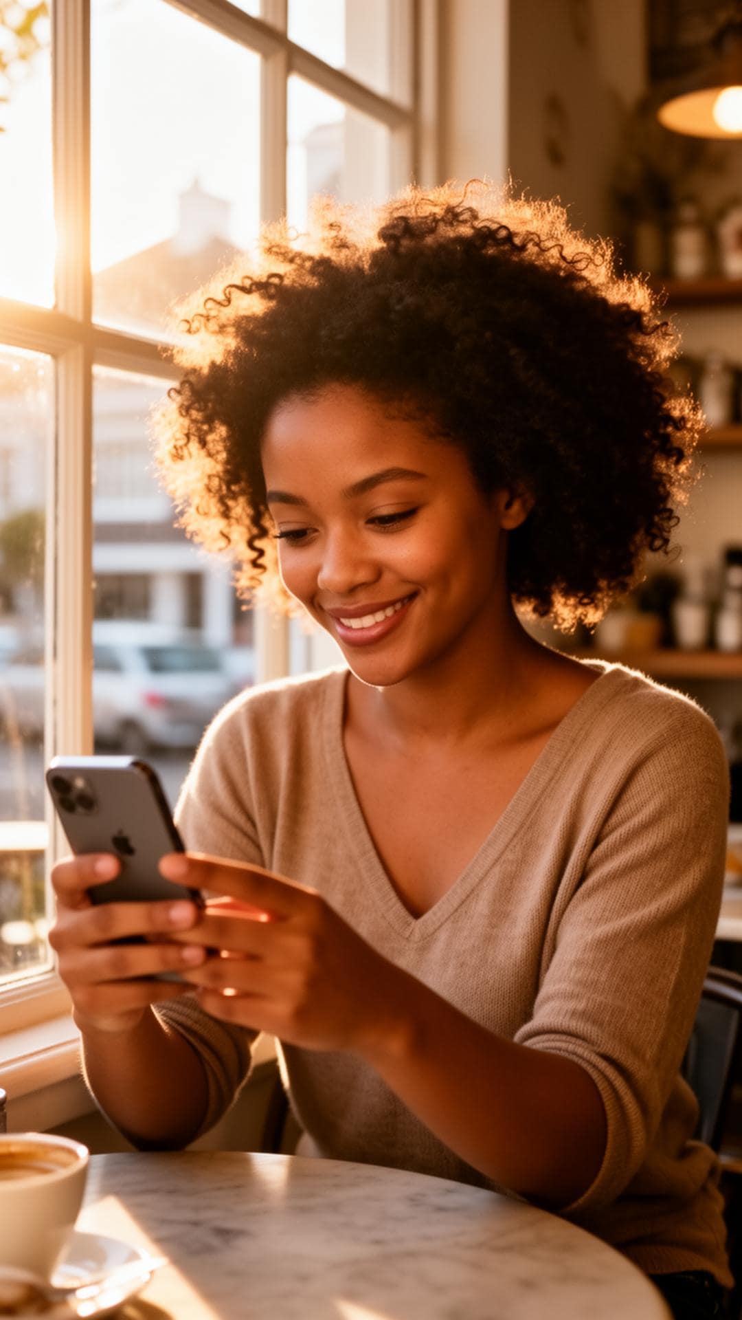 A freelancer working from a Cape Town café, checking her phone over coffee